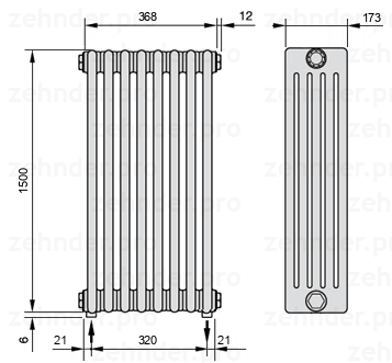 Схема (чертеж) Радиатор Zehnder Charleston 5150/8 №5310 Белый глянцевый RAL 9016